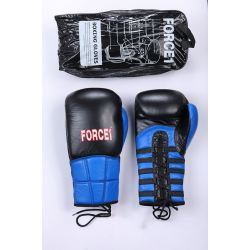 Боксови ръкавици от естествена кожа - FORCE 1 черно/синьо с връзки F-1031
