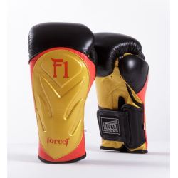 Боксови ръкавици от естествена кожа FORCE 1 черни със златно F1
