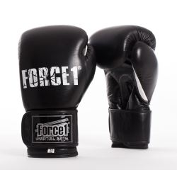 Боксови ръкавици от естествена кожа FORCE 1 черни с бял палец F-1020