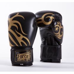 Боксови ръкавици от естествена кожа FORCE 1 черни с златна шарка F-2008