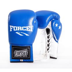 Боксови ръкавици от естествена кожа с връзки FORCE 1 сини F-1032